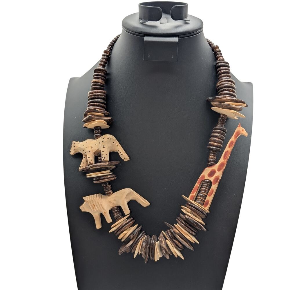 Tribal Lion Tiger Giraffe Carved Animal Coconut Shell Bead Barrel Clasp Necklace